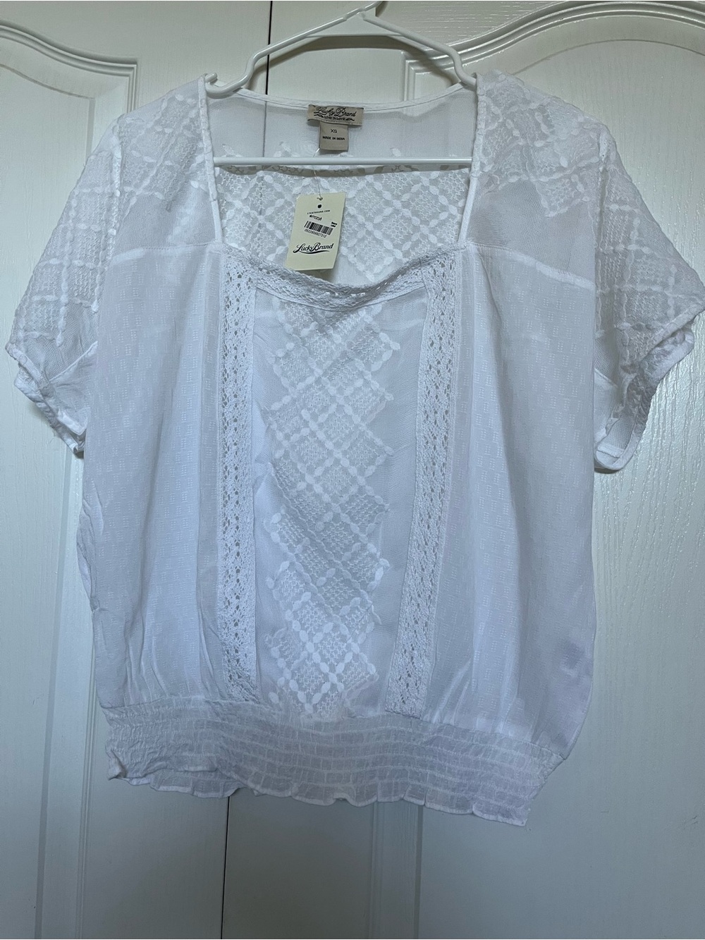Lucky Brand White Lace Panel Short Sleeve Blouse